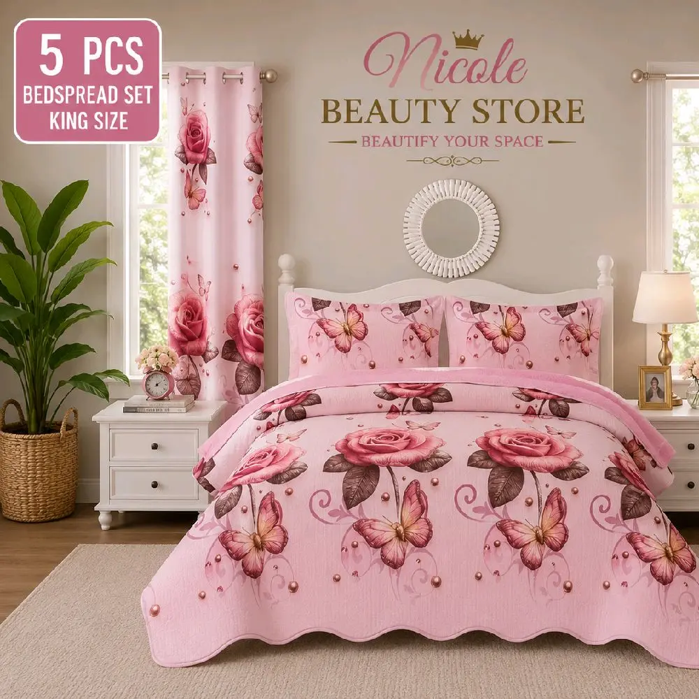 5-Piece King Size Bedspread Set with Matching Curtains – Luxury Bedroom Bedding Collection