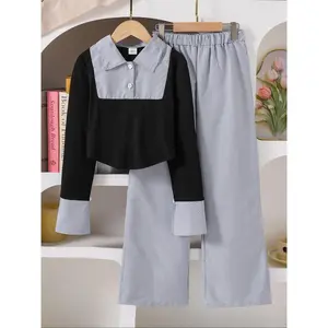 Girls' Striped Patchwork Long Sleeve Short Top with Button Decoration, Casual Stylish and Comfortable Elastic Waist Striped Pants Set for Daily Wear
