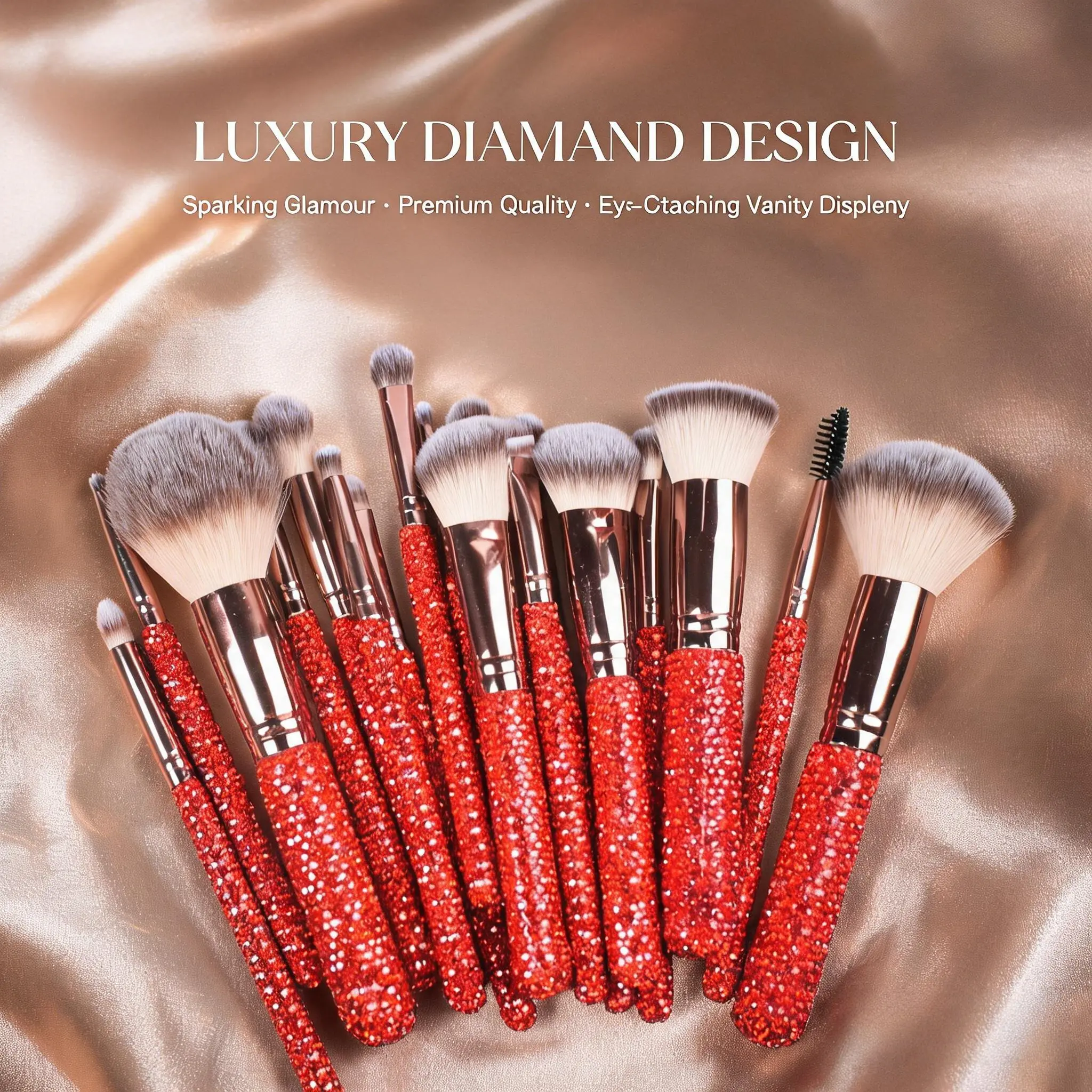 Diamond-Encrusted Brush Kit for a Flawless Look & Sparkling Glam, 23-Piece Beauty Gift Set for Women with Holder, Headband & Eyelash Curler, Bucket Holder