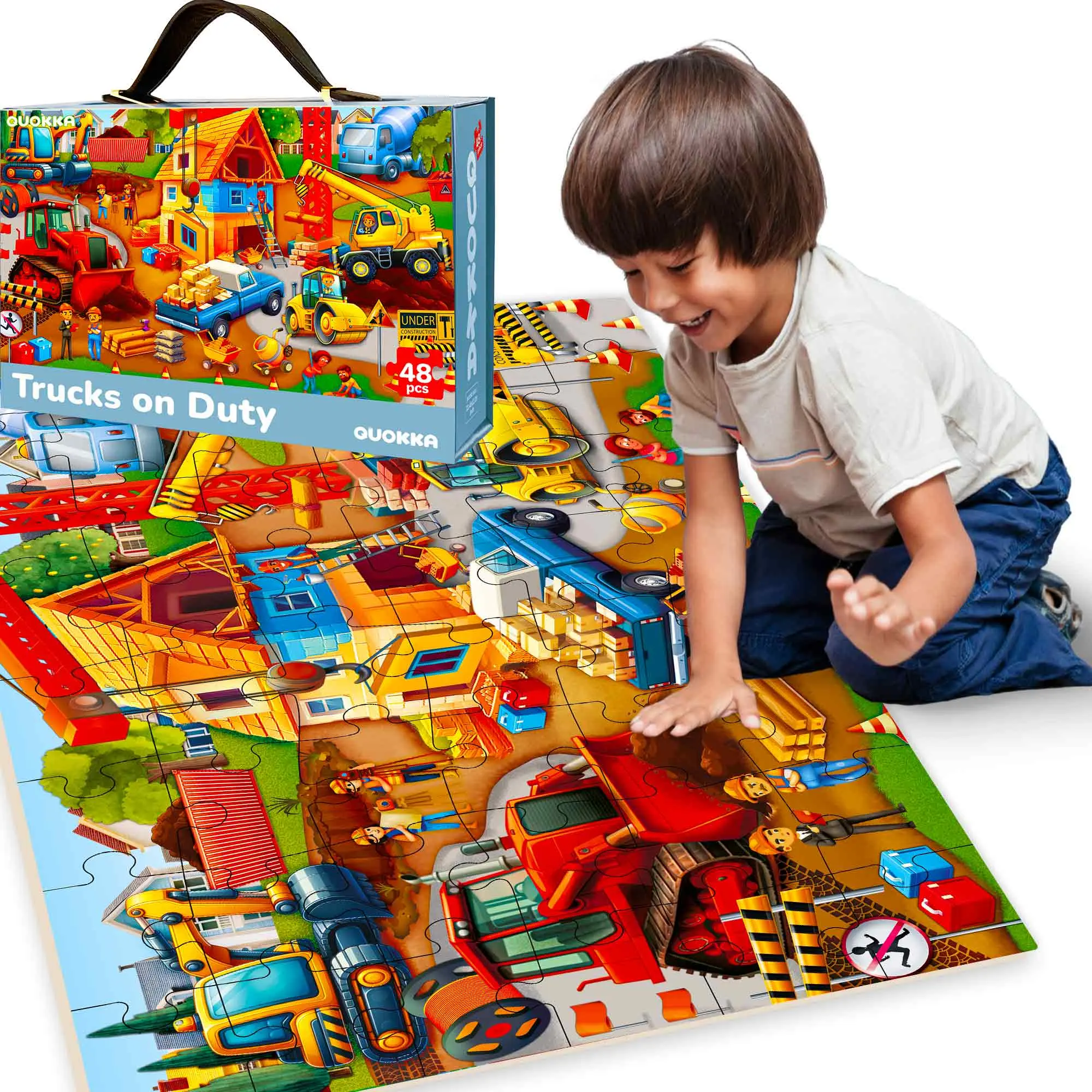 QUOKKA 2x3 FT Giant Cardboard Floor Jigsaw Puzzle - Construction-Themed Truck Game with Large Irregular Pieces, Intermediate Developmental Toy for Ages 4-6, Boosts Fine Motor, Coordination, Cognitive, Memory Skills, Includes Premium Gift Box, Coordinates
