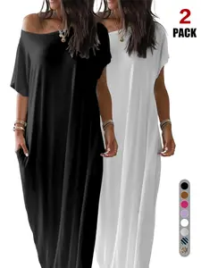 Women's 3 Pack Off-Shoulder Maxi Dresses, Sexy Loose Fit Short Sleeve, Tummy Control, Leg-Lengthening Loungewear with Pockets