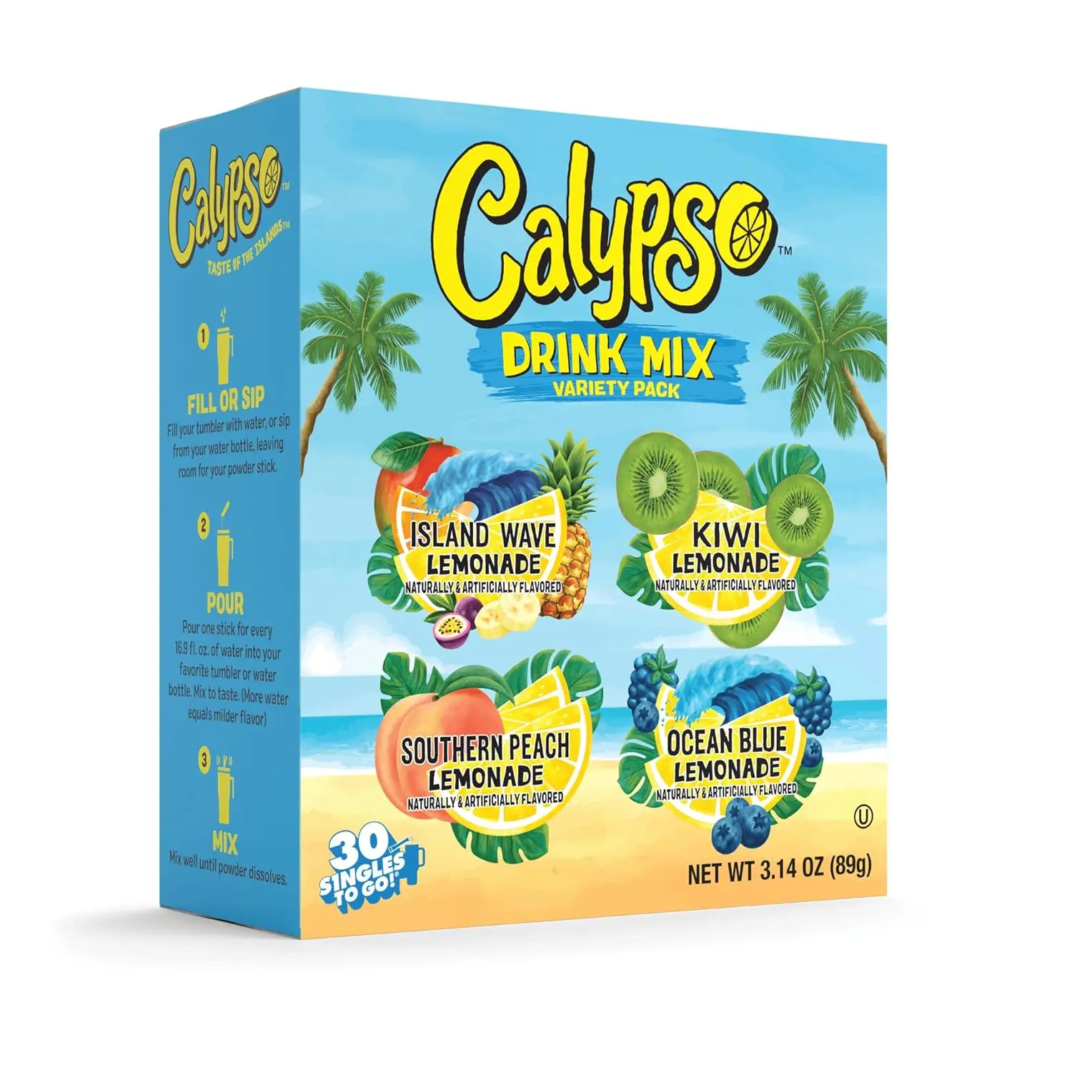 Calypso Singles To Go! Drink Mix Variety Pack, 30 Count – Low Calorie Powdered Water Enhancer, Instant Drink Mix Packets, Island Wave, Kiwi, Southern Peach & Ocean Blue Flavors, On-the-Go Beverage Mix
