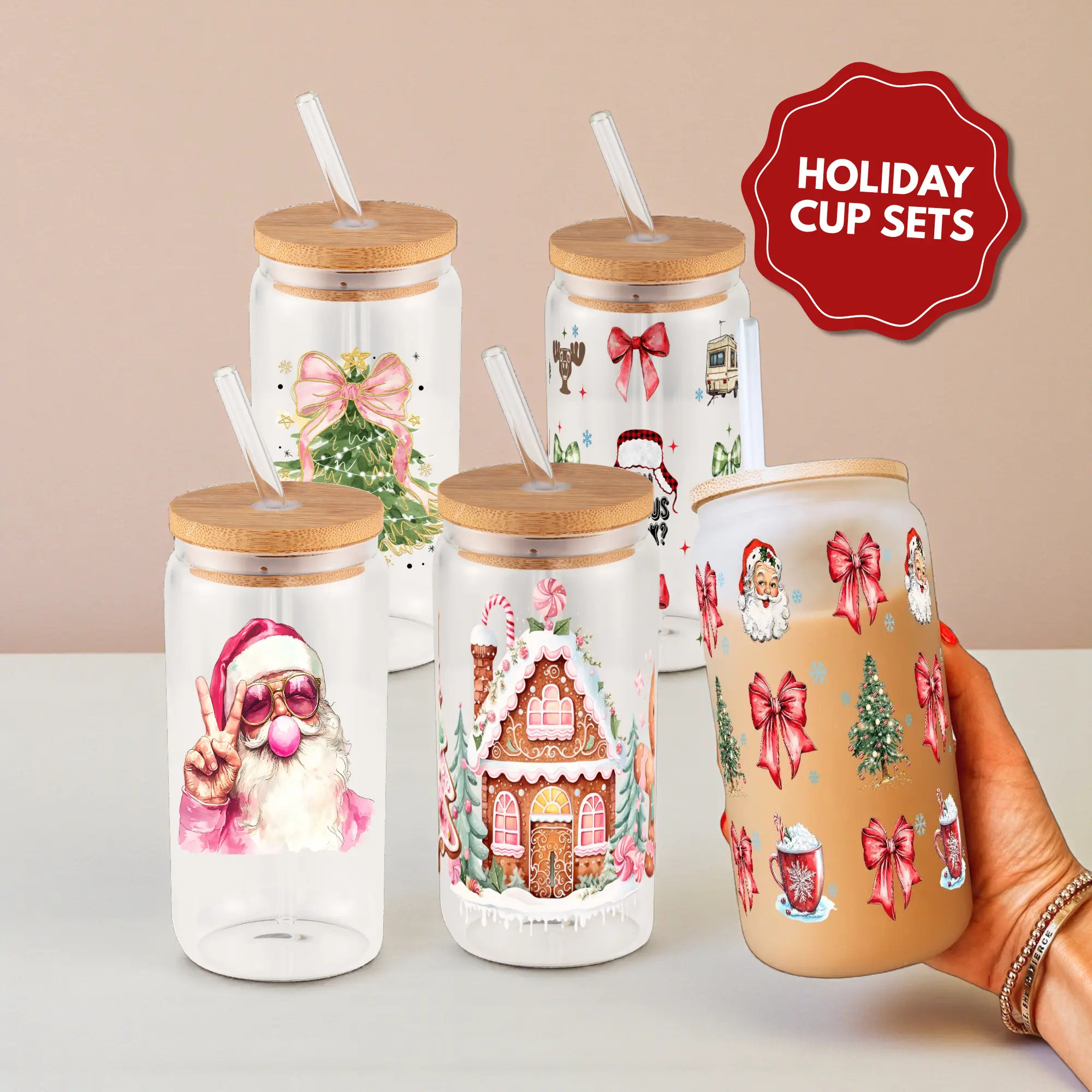 Christmas 16oz Glass Can Cup with Lid and Straw, Iced Coffee Drinkware, Gift for Her, Acrylic Cup, water bottle for women, christmas gift, Personalized Water Bottles, Shake Bottle, Smart Water Bottle