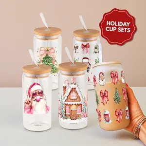 Christmas 16oz Glass Cup with Lid & Plastic and Glass Straws, Holiday Gingerbread Tumbler Drinkware