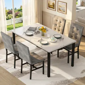 5 Pieces Modern Dining Table Set, Sturdy Solid Metal Frame Rectangular Dinner Table with 4 PU Leather Upholstered Chairs, 4 Person Capacity Multi-Purpose Household Furniture, Perfect for Kitchen, Living Room and Dining Room Home Decor