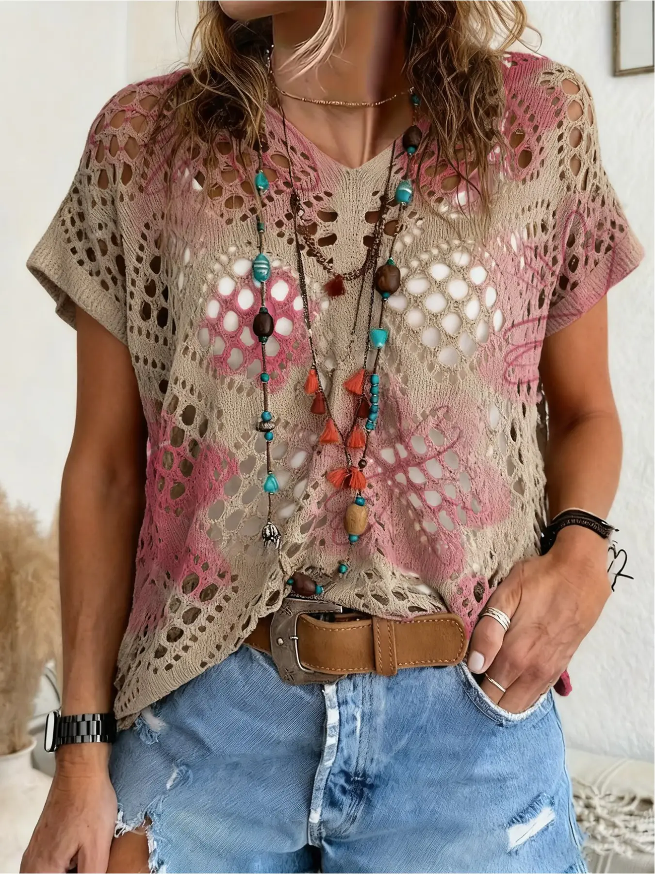 Spring/Summer style, V-neck diamond hollow out loose batwing short-sleeve cover-up, contrast color floral print women's knitted top, bikini cover-up, Beach Cover Ups, Beach Coverup