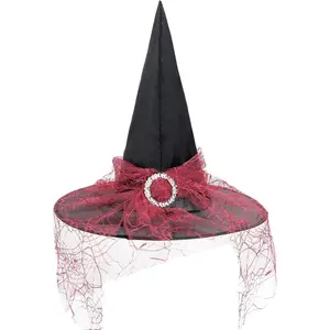 Lace Witch Hats for Women Halloween Cosplay Costume Accessories Foldable Hanging Witch Wizard Hats for Decorations Classic Pointed Hat with Lace Overlay