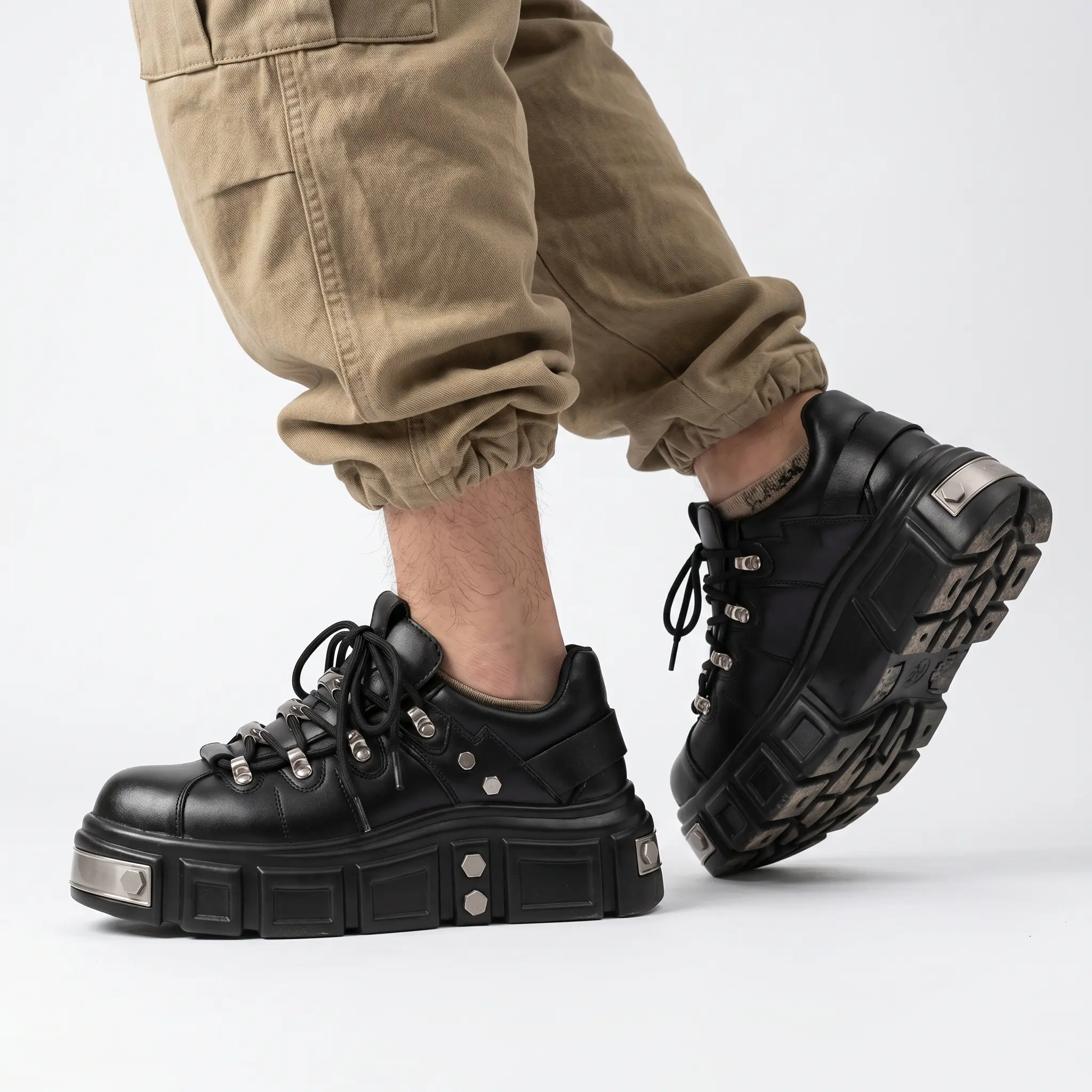 Men's Punk Style Chunky Platform Sneakers Thick Sole Height Increasing Casual Shoes Black Leather Lace Up Streetwear Gothic Fashion Shoes with Metal Studs and Hexagon Rivets Design for Men 2026