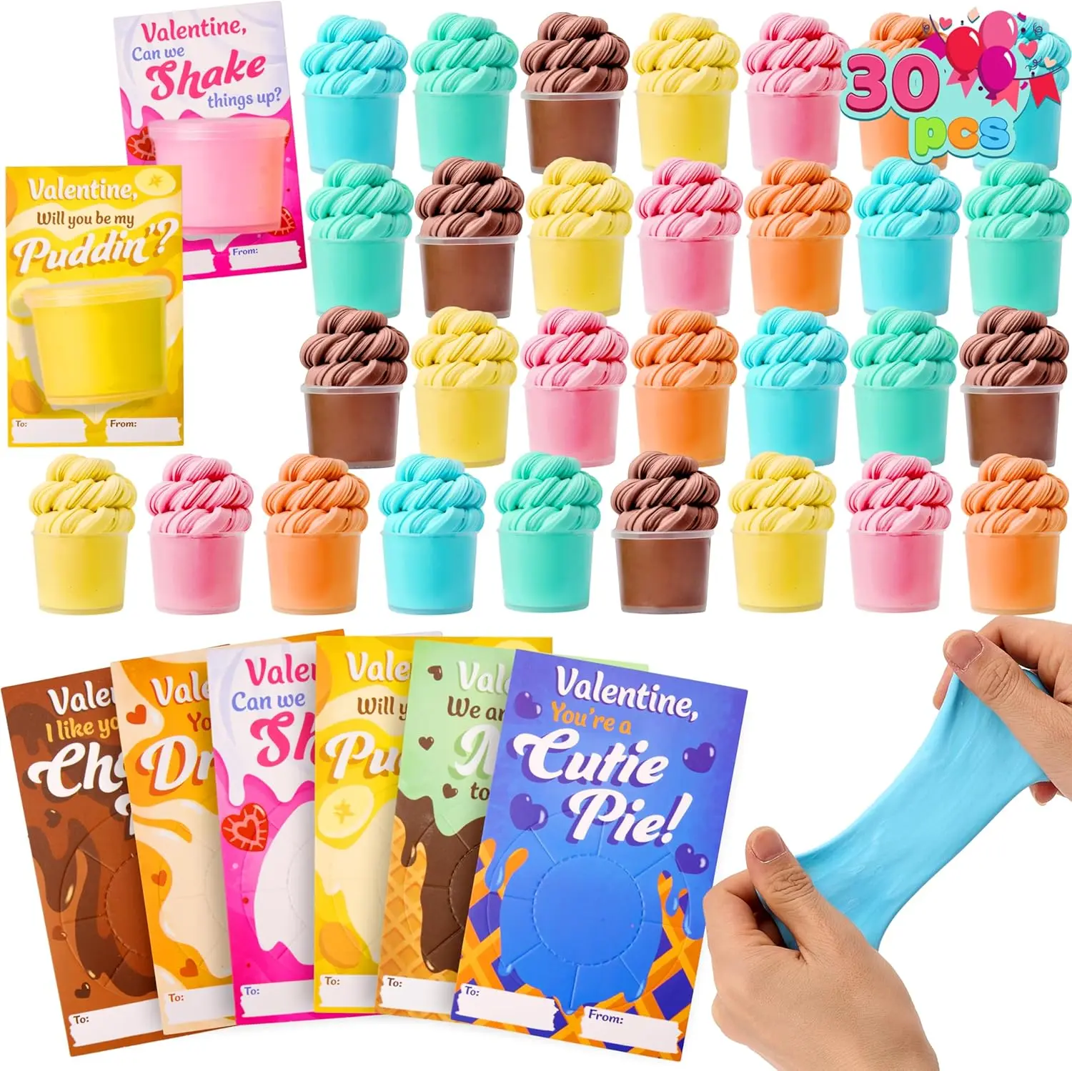 JOYIN 30 Packs Valentines Day Cards with 6 Colorful Butter Slime Fidget Toys Stress Relief Party Favors for Kids Classroom Exchange Gift Prizes 2025 &30pcs Galaxy Slime