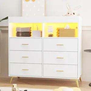 Garvee - Dresser for Bedroom with 6 Drawers, Baby Changing Table with Changing Pad, LED Lights and Charging Station, Baby Changing Table with Changing Pad, White Color