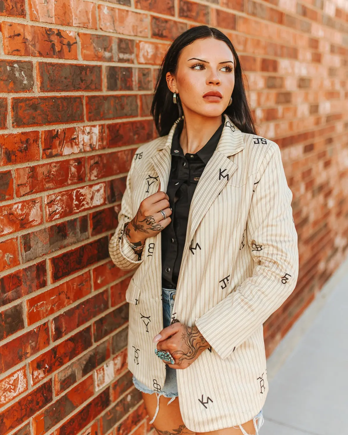 Women's Soft Fitted Western Blazer - Graphic Pinstripe Statement Piece, Structured Shoulders, Yoke Detail