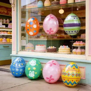 5PCS Colorful Inflatable Easter Egg Decorations with Polka Dots Stripes Bunny Embellishments for Outdoor Patio Lawn Garden Party Hanging Decor Party Decoration Supplies Includes Air Pump