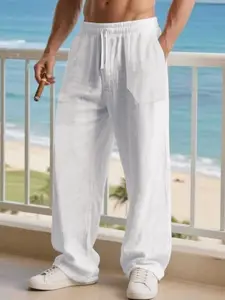 Men's Loose-Fit Linen Trousers, Casual Loose Pants, Elasticized Drawstring Waist, Perfect for Coastal Escapes, Poolside Relaxation, and Casual Fridays, White
