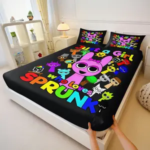 Atmosphere Sprunki Fitted Sheet Set Including 1/2 Coreless Pillowcases For Various Scenes, Decorative Bedsheet Sets, Gift For Gamers / Cartoon Fans, Exclusive Trendy Holiday Souvenir.