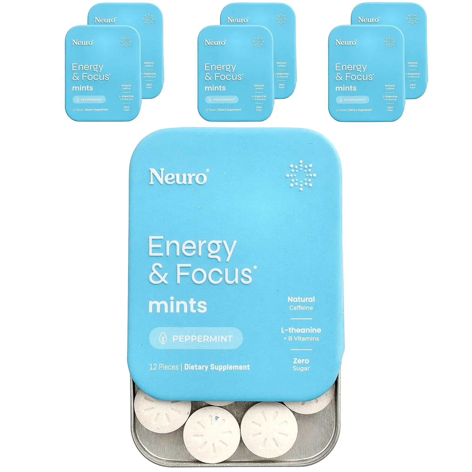 NeuroGum Mints, Energy & Focus, Peppermint, 6 Packs, 12 Pieces Each