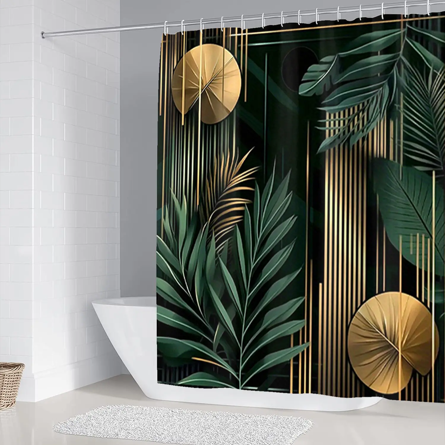1/4 set Bohemian-style bathroom set, including a soft floor mat, toilet seat cover, shower curtain, and U-shaped floor mat, Bathroom Set With Shower Curtain