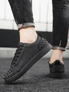 "People with Wider Feet Please Choose One Size Larger." Men's Studded Decor Lace Up Athletic Skate Shoes, Skater Shoes, PVC Leather Sole, Sneaker, Trainer, Casual Comfortable Sports Shoes for Daily Wear
