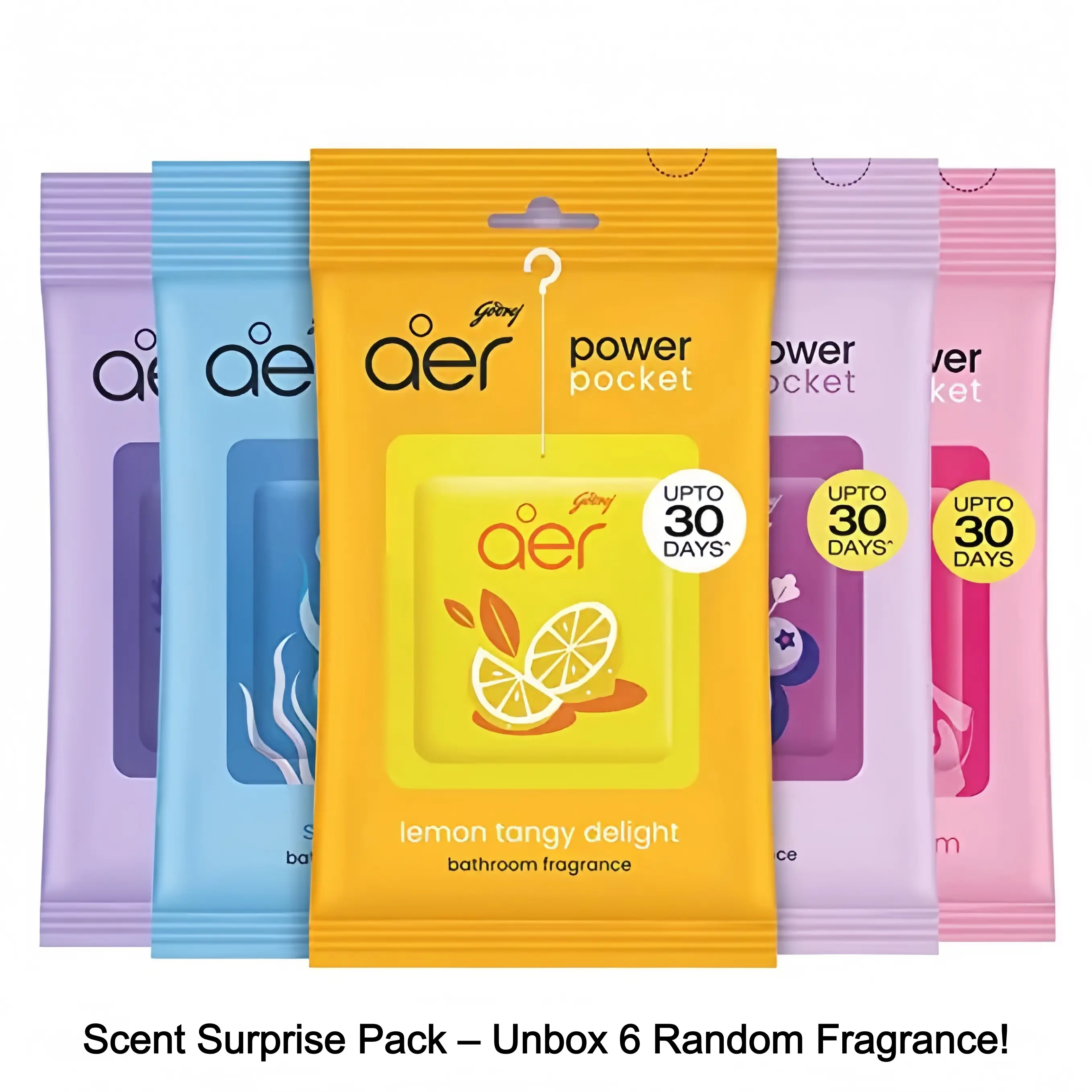 Mystery Box – 6 pcs Random Fragrances to Discover - Godrej Aer Power Pocket, Hanging Air Freshener, Assorted Pack of 6, Home Fragrances