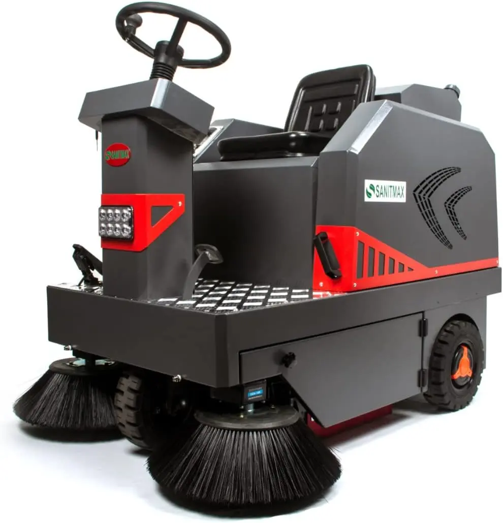 49" Ride-On Industrial Floor Sweeper Machine, 26-Gal Hopper, 12.68-Gal Dust Control Water Tank, 69,000 Sq Ft/H, 3.1 MPH, 2.5-Hour Runtime for Warehouses, Factories & Parking Areas