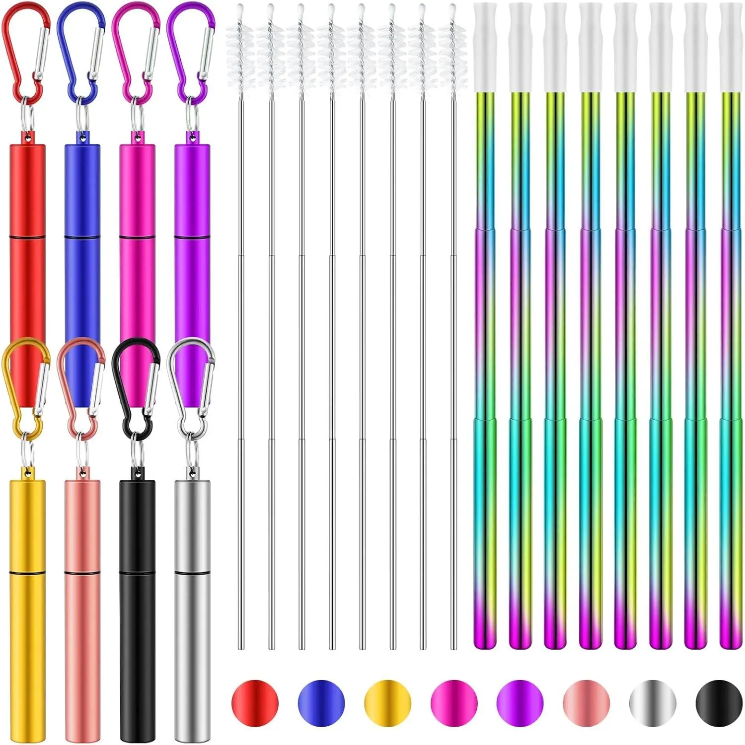 8 Pack Metal  Straw Collapsible Straws Stainless Steel Drinking Straw with Plastic Case  Tip and Cleaning Brush and  Long Telescopic Portable for Travel Work