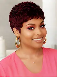Short Pixie Cut Curly Human Hair Wig for Women, Full Machine Made, Natural Short Wig with Bangs, Daily Use, Natural Look