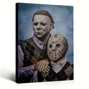 A framed 2D canvas painting depicting images from the horror movies Michael Myers and Jason Voorhees, perfect for home decoration in living rooms, bedrooms, offices, game rooms, and men's wine cellar wall art
