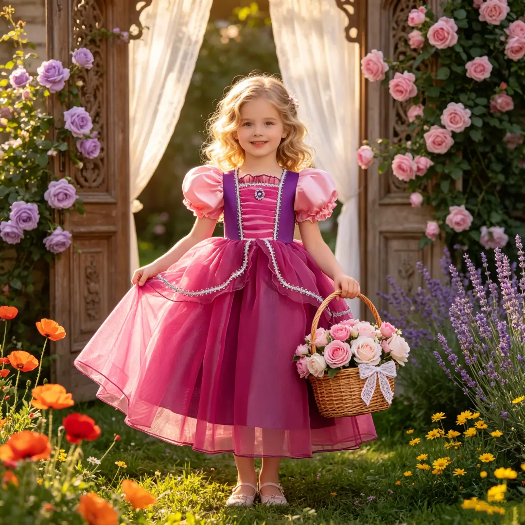 Girls' Princess Elsa-Style Ball Gown Dress - Cinderella-Inspired, Short Sleeve, Ball Gown Silhouette, Floral Embroidery, Elegant Performance & Garden Costume, Princess Look, Costume For Parties, Dress Up Costume