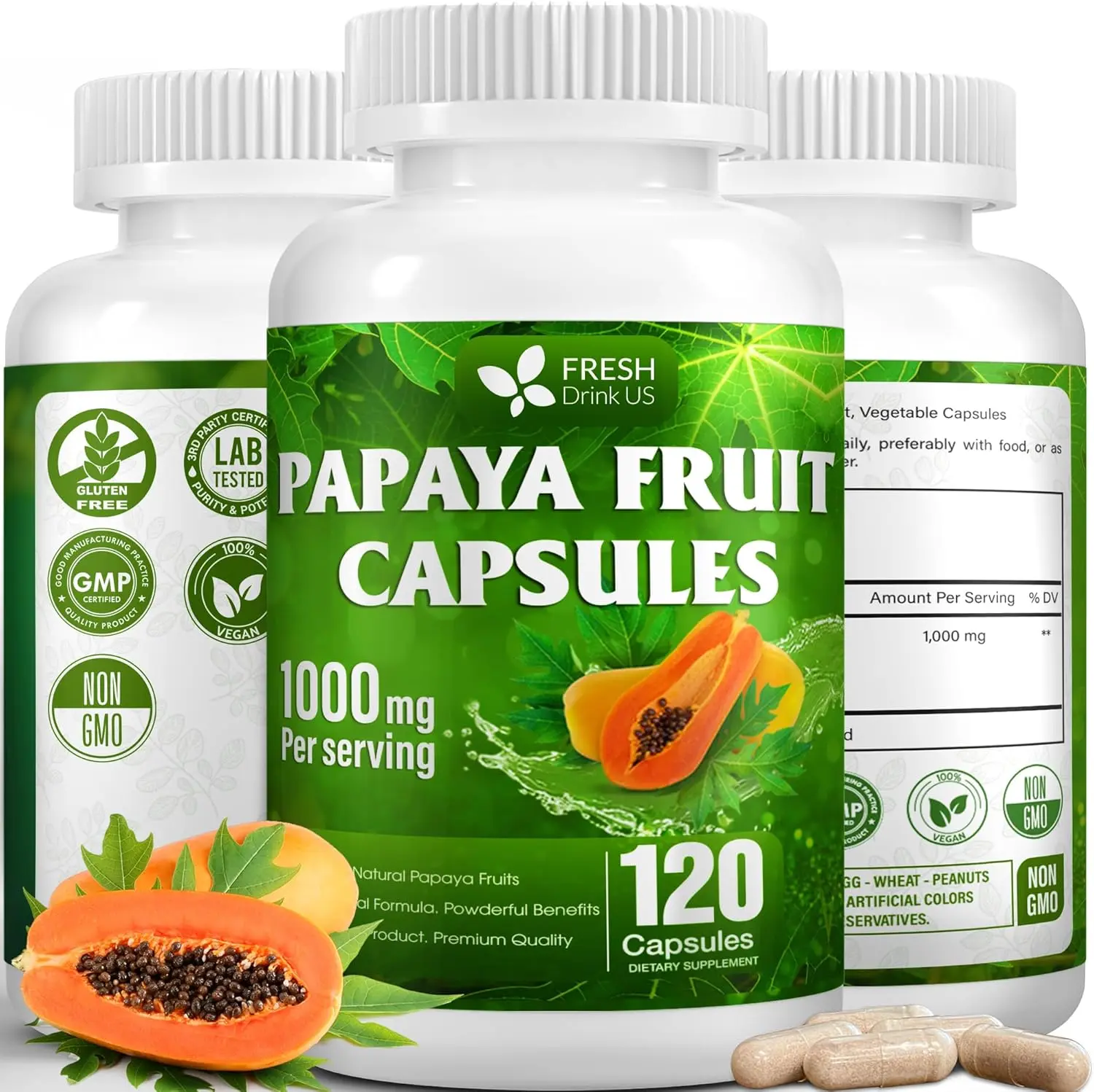 120 Papaya Fruit Extract Capsules| Papain Enzyme| 100% from Natural Papaya Fruit Extract| 500mg per Capsule| 1,000mg per Serving| 60 Days Supply| Vegan Capsulesc Non-GMO, Gluten-Free