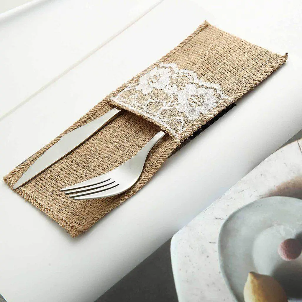 10-Pack Natural Burlap Lace Cutlery Holders (4"x8"), Boho Rustic Charm Napkin & Menu/Place Card Holders for Kitchen Table Settings