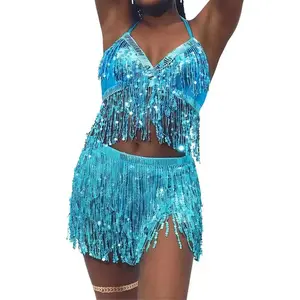 Newstyle Belly Dance Bra Belt Set Latin Sequin Fringe Halter Hip Skirt Sexy Party Costume 4 Layer Tassel Stage Performance Cloth Wear