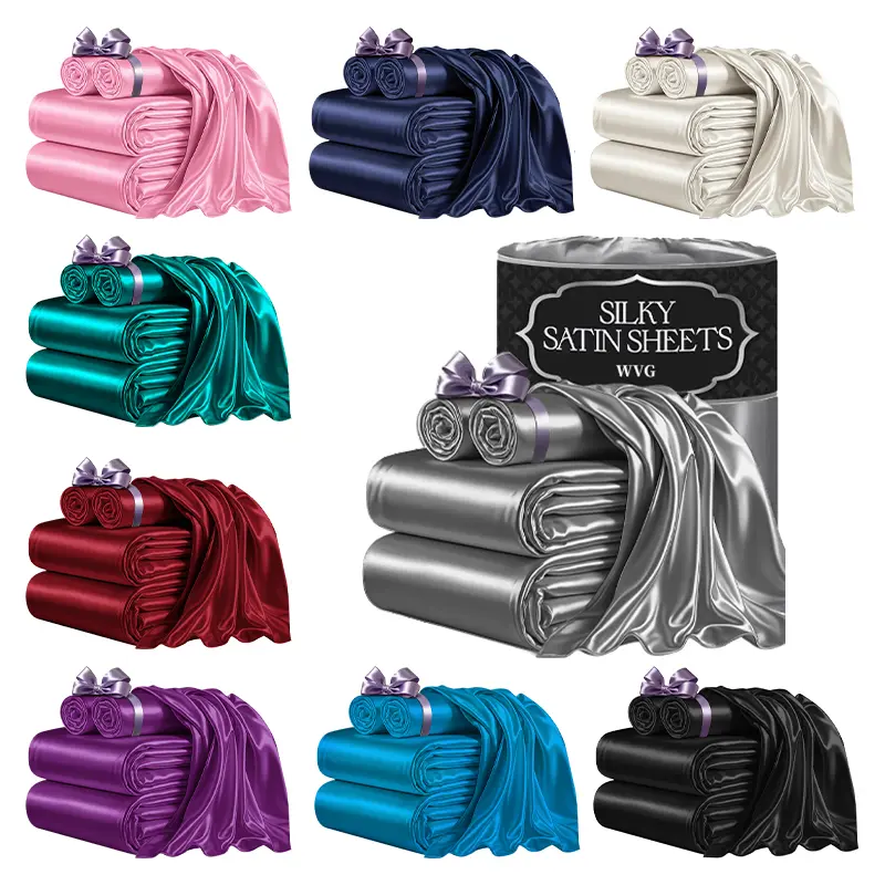 WVG Satin Bedding Set 3 Pcs Bed Set Soft & Comfortable Hotel Luxury Sheet Solid Color Fade Resistant Bed Sheets for Home Bedroom, Dormitory and Hotel Summerwins Queen King Size with Deep Pocket Fitted Sheet Cooling for Summer Gift Back to School Dormitory