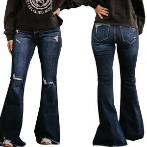 Women's Dark Blue Washed Denim Flared Pants - Elastic Waist, Ripped Details, Pocket Design, Leg-Accentuating Fit