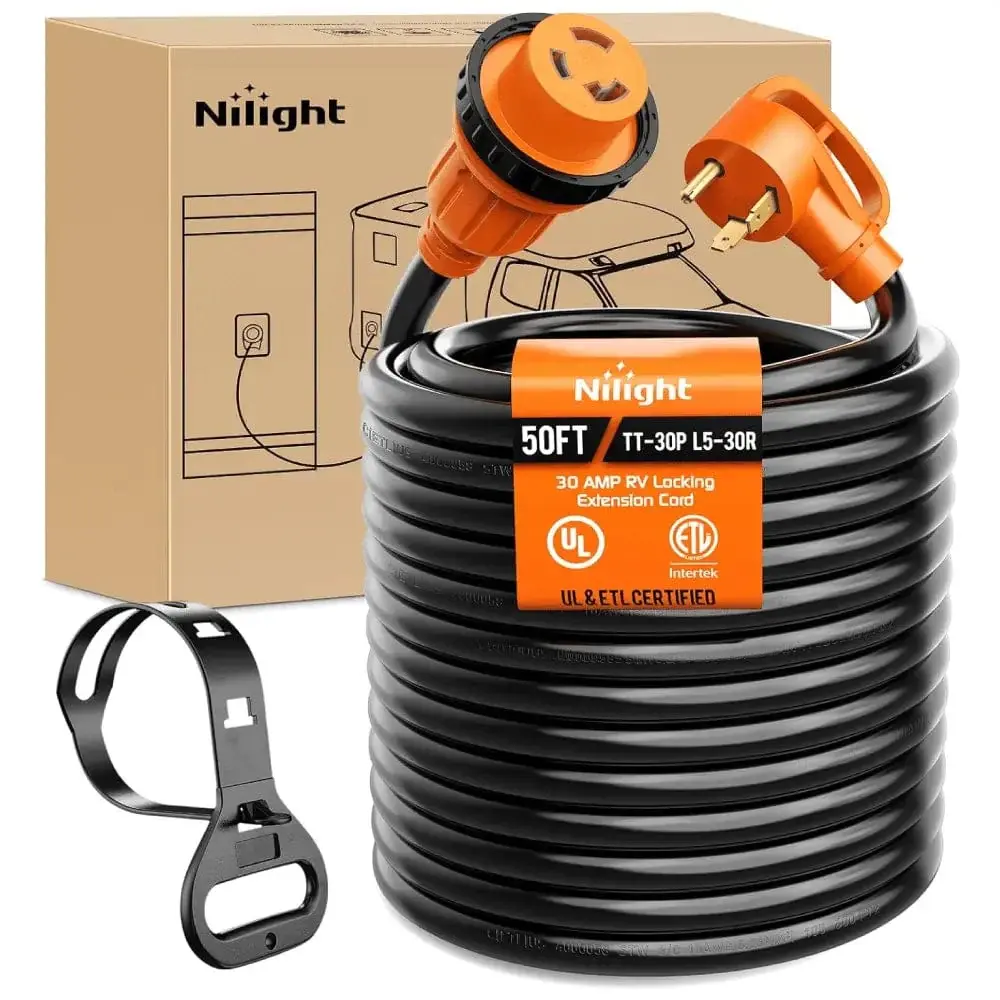 Nilight Outdoor Locking RV Extension Cord, 50FT 125V 30A Heavy-Duty 10-Gauge Pure-Copper STW Wires, ETL Listed 3-Prong TT-30P to L5-30R, Weatherproof for Camper Trailers