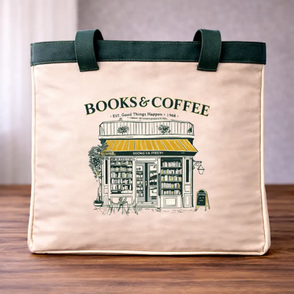 Women's Vintage Trendy Tote - Eco-Friendly Durable Cloth, Illustrated Shop-Style, Bookstore Vibe, Cozy Look, "Books and Coffee (Good Things Happen)" Design, Ideal for Book Carrying, Tote Bags for Women, Tote Bags Women
