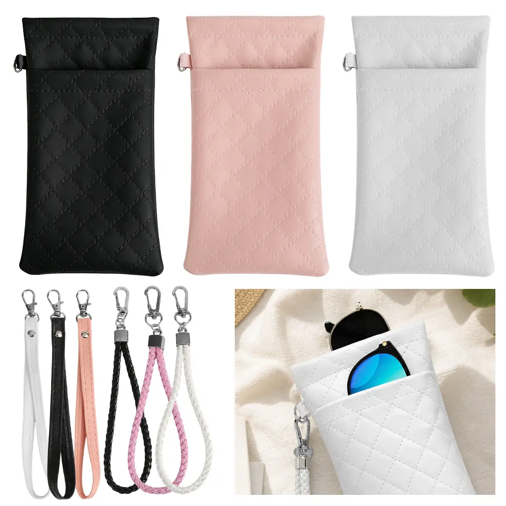3PCS Women' PU Leather Eyeglass & Case with Squeeze-Top Lid & Carrying Strap - Glasses Pouch Suitable for Eyeglasses, Fashion Glasses, Phone - Compact Holder for -the- Females