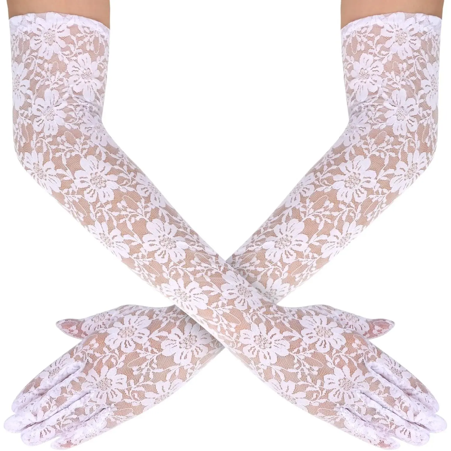 Lace Gloves Women,  Party Long Elegant Opera Lace Gloves Costume Floral  Arm Elbow Length - 18.9in