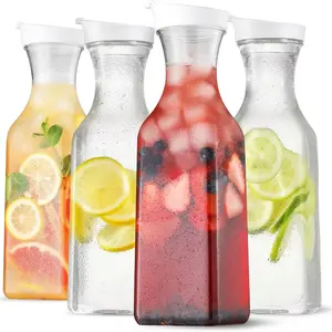 4 Pack 50oz Water Carafes with Flip Top Lid Plastic,Square Base Juice Containers,Juice, Milk,Cold Brew and Mimosa Bar Clear Beverage Containers