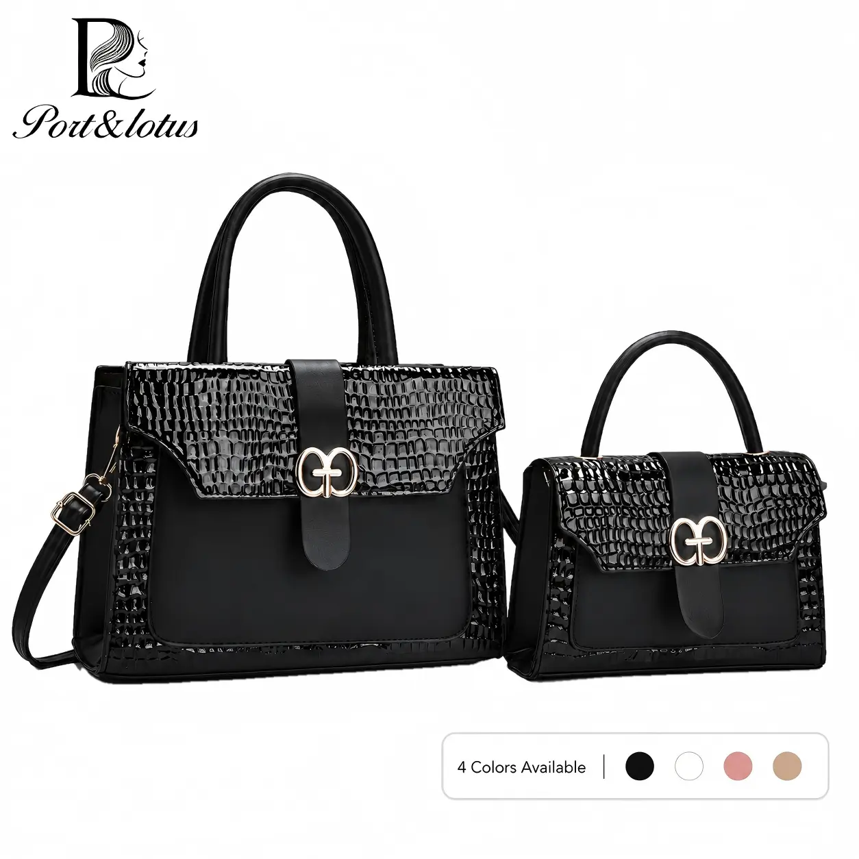 PORT&LOTUS 2-Piece Chic Crocodile Embossed Handbag Set for Women, Elegant Medium Capacity Shoulder Bag with Detachable Shoulder Straps, Trending crossbody bag for Women, Versatile Everyday Bag, Perfect for Business, Brunch & Dates