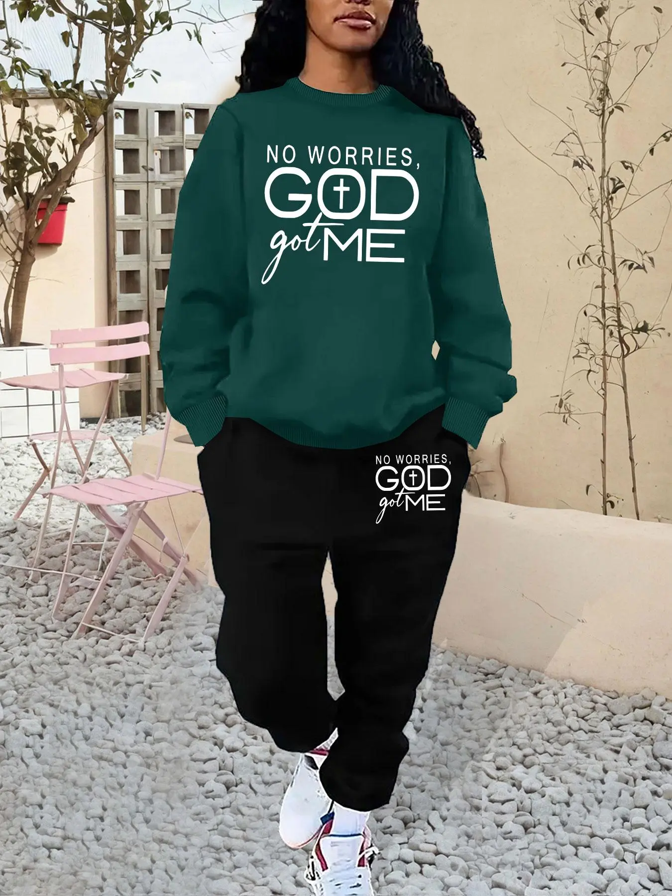 Two-Piece Set Women's Letter & Cross Print Sweatshirt & Pocket Sweatpants Sports Sweatsuit Matching Set, Casual Fitted Long Sleeve Round Neck Pullover & Trousers, Ladies Fall & Winter Sportswear Womenswear