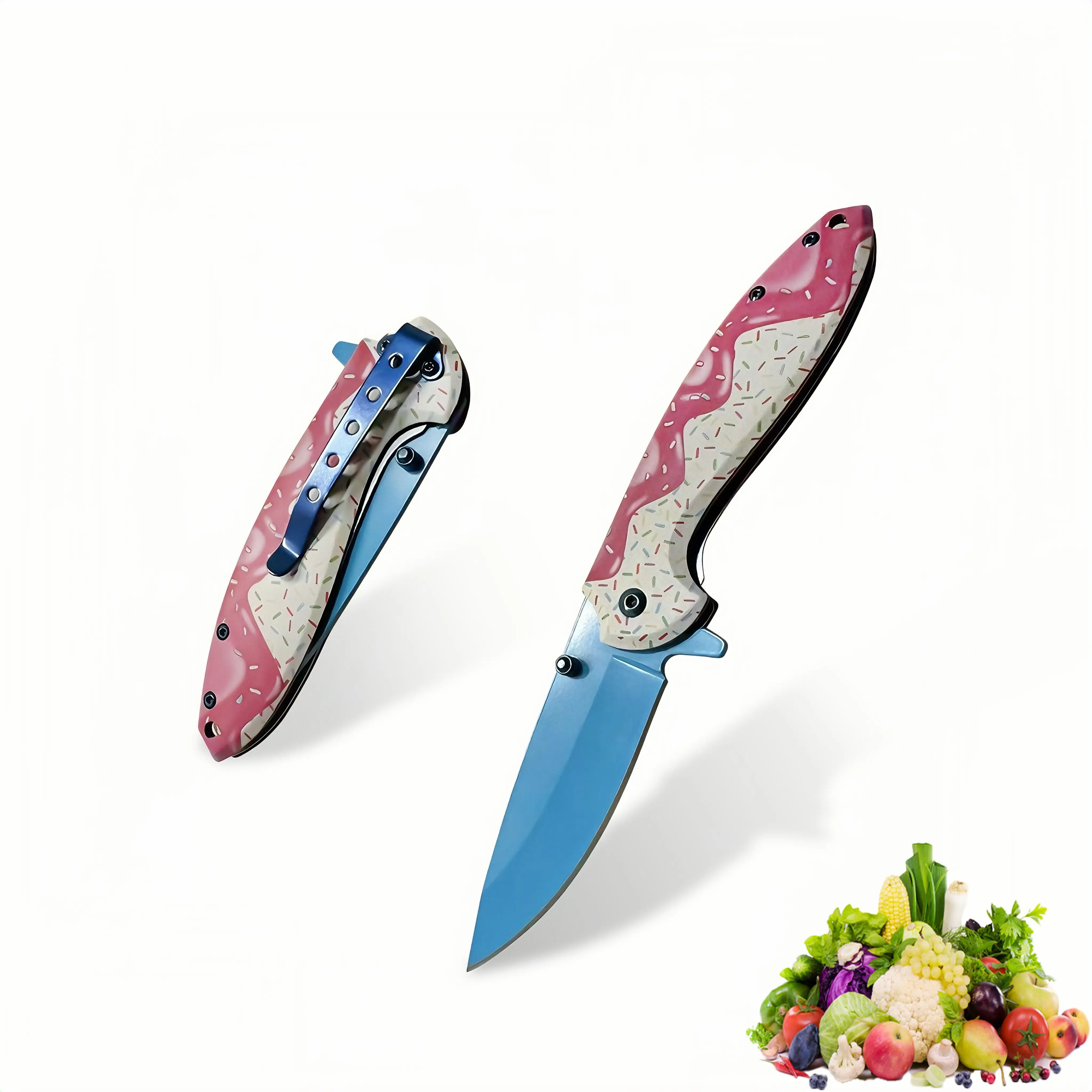 Pocket Knife, Pink Pocket Donut Knife for Women, EDC knife Stainless Steel Blade with Anti-slip Handle Pocket Clip Compact Dimension