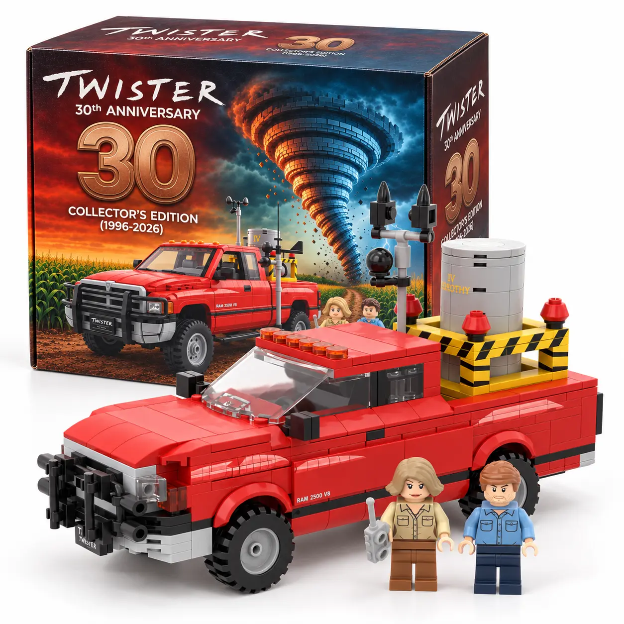 Twister Tornado Storm Chasing Truck Building Kit for Adults, 30th Anniversary 1996-2026 Red Pickup Display Model with 2 Character Minifigures, Weather and Science Fan Gift, Office Shelf Decor