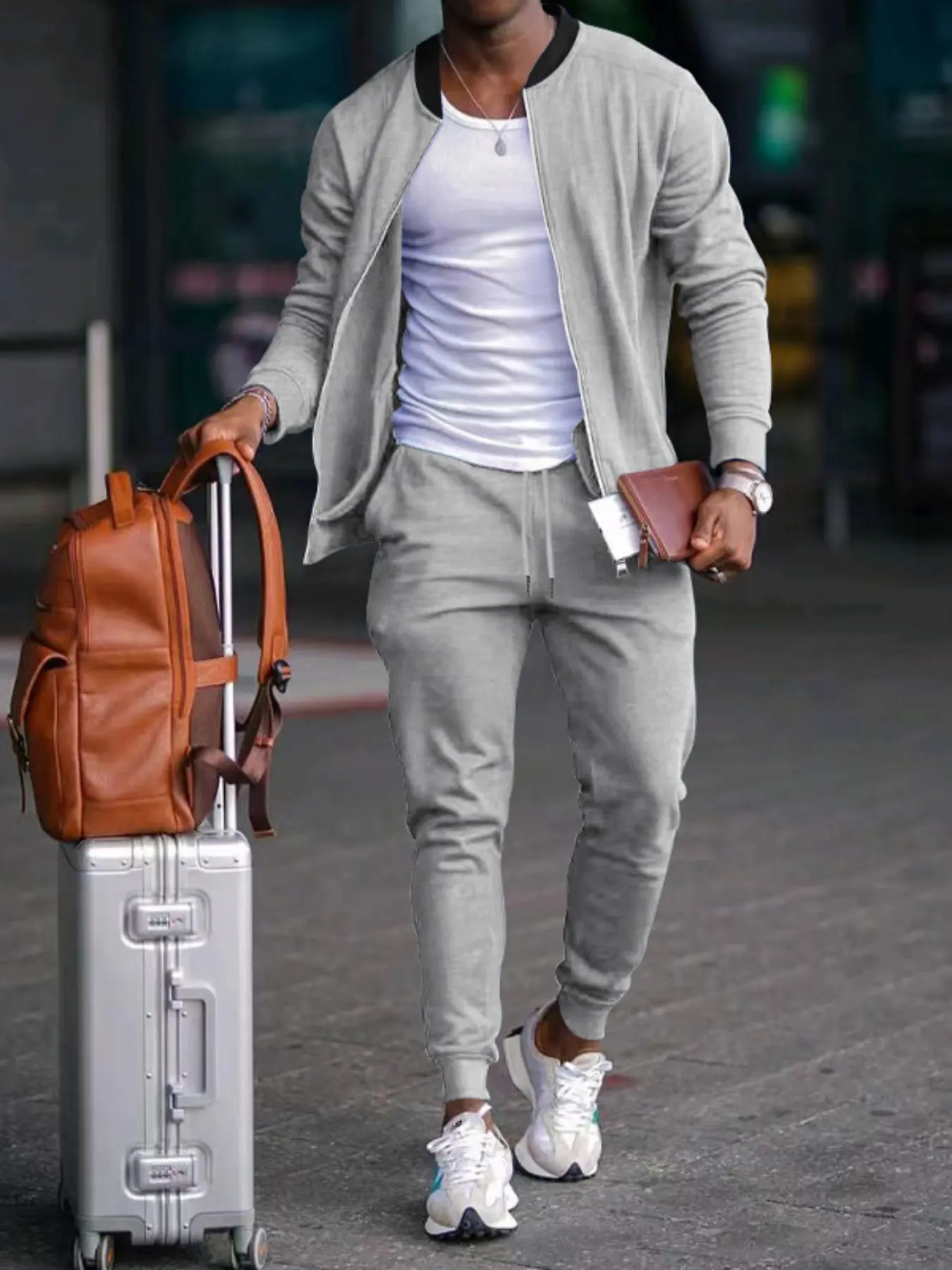 Men's Fall Outfits Solid Color Matching Jacket Pants Set for Daliy Wear, Zipper Front Long Sleeve Jacket, Elastic Waist Drawstring Pants, Casual Wardrobe Essential