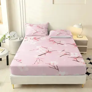 Three pieces with light pink apricot blossom patterns on a pink background Fitted Sheet Set with Pillowcases, HD Print for Bedroom or Guest Room, Casual Home Decor, Decorative Bedsheet Sets, Floral Sheets