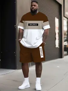 Men's Plus Size Classic Casual Sport Round Neck T-Shirt and Short Pants Set, Polyester Knit Fabric, Colorblock Print Design, Loose Fit