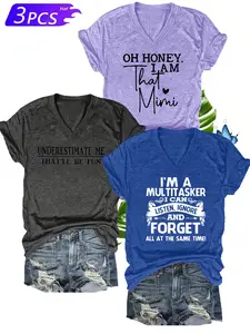 Women's Letter Print T-Shirt, Soft Stretch V-Neck Short Sleeve Top, Casual Summer Tee, Vacation Wear, Comfortable Shirt