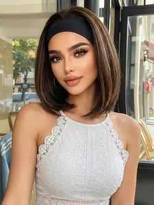 Women's Headband Wig Mixed Straight Hair, Heat-Resistant Fiber Wig for Daily Parties, Medium Length No Glue Design, Glueless Headband Wig, Synthetic Hair Wig