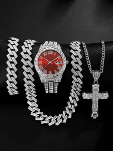 Men's Quartz Watch Set with Punk Cuban Chain Necklace & Bracelet, Multiple Colors, Perfect Gift for Daily Wear, Holidays, Back-To-School, Jewelry Set