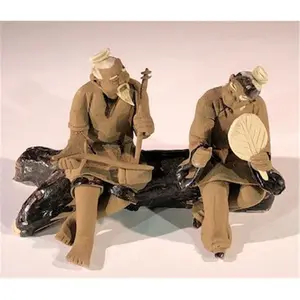 212 MAIN 2.5 in. Unglazed Miniature Ceramic Figurine - e3410 Bonsai Boy Design, 2 Male Figures on Seat Musical Scene, Decor Ornament for Room Decor & Home Supplies