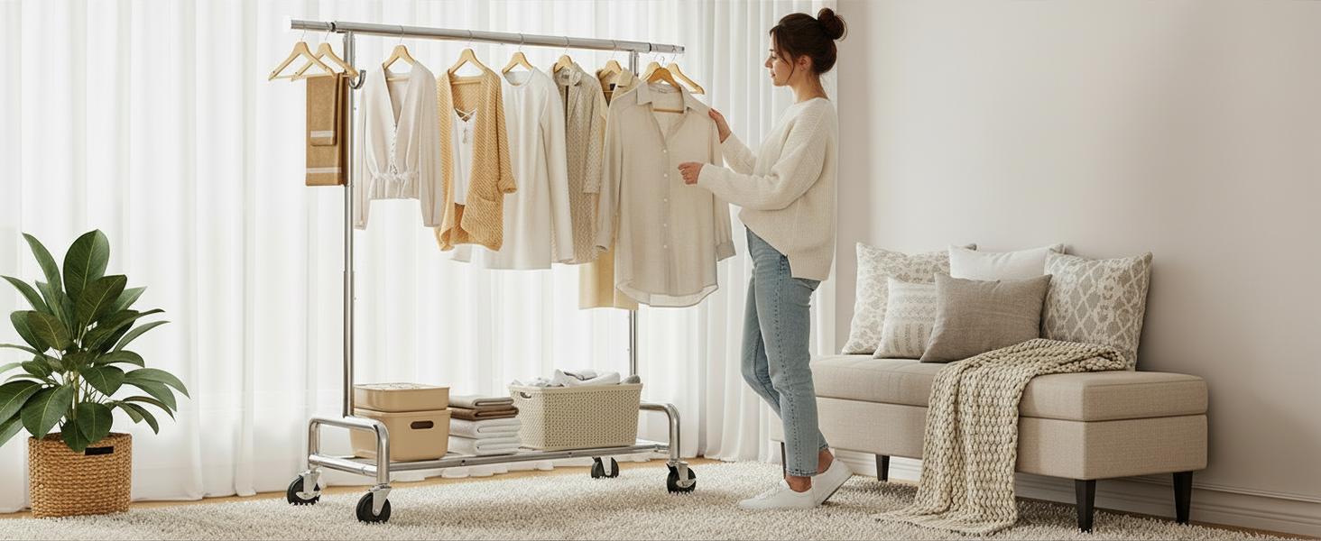 Raybee Clothes Rack for Hanging Clothing with Lockable Wheels , 75" Extendable & Height Adjustable Coat Rack, Heavy Duty Clothes Racks Holds Up to 440LBS, Portable Rolling Garment Rack with 4 Hooks for  Bedroom, Laundry Room, Commercial, Chrome