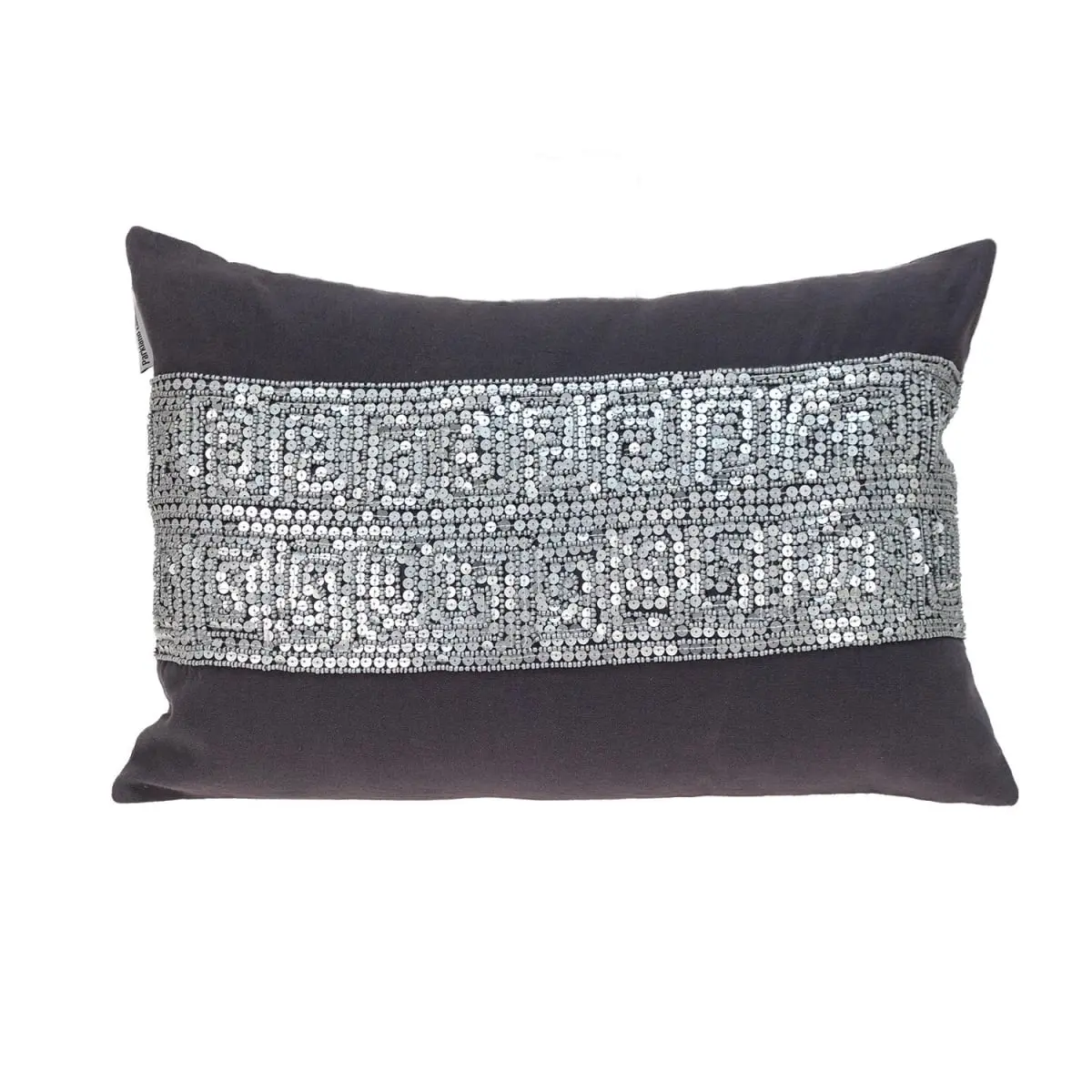Parkland PILM21437 Hand-Made Woven 14-Inch Misty Transitional Gray Rectangle Home Throw Pillow - 360-Degree Rotating Stand, Embroidered Greek Key Pattern, Hidden Zipper, Contemporary Glam, Indoor Cotton Bead Pillow